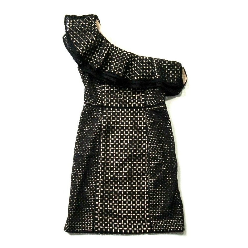 NWT J.Crew Collection One Shoulder in Black Eyelet Lace Nude Line Ruffle Dress 0
